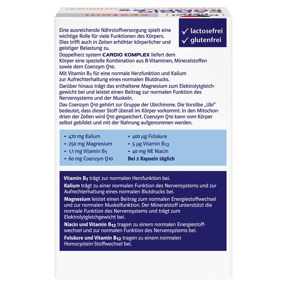 Rückseite der Cardio Komplex Kapseln Verpackung. Enthält Informationen über Inhaltsstoffe und Nährwerte. Frei von Laktose und Gluten.