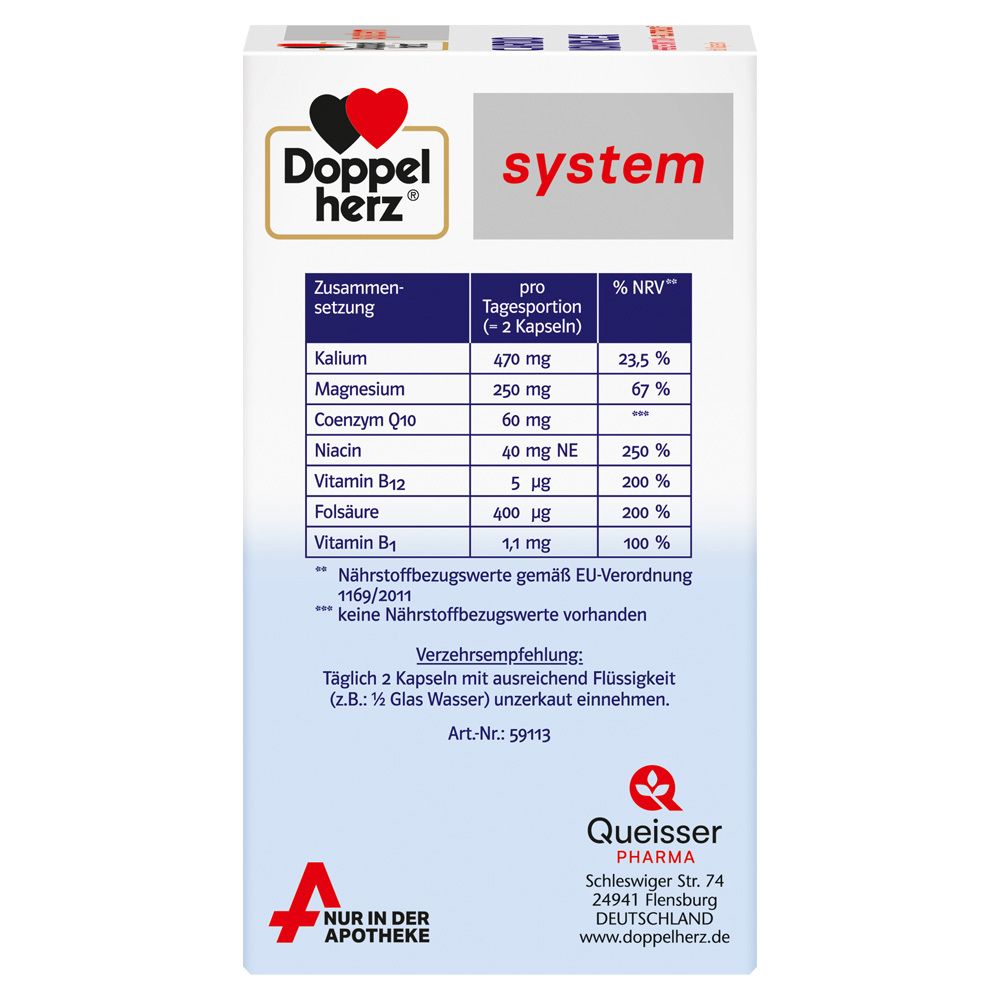 Rückseite der Cardio Komplex Kapseln Verpackung. Enthält Nährwerttabelle. Marke: Doppelherz. Hergestellt von Queisser Pharma.