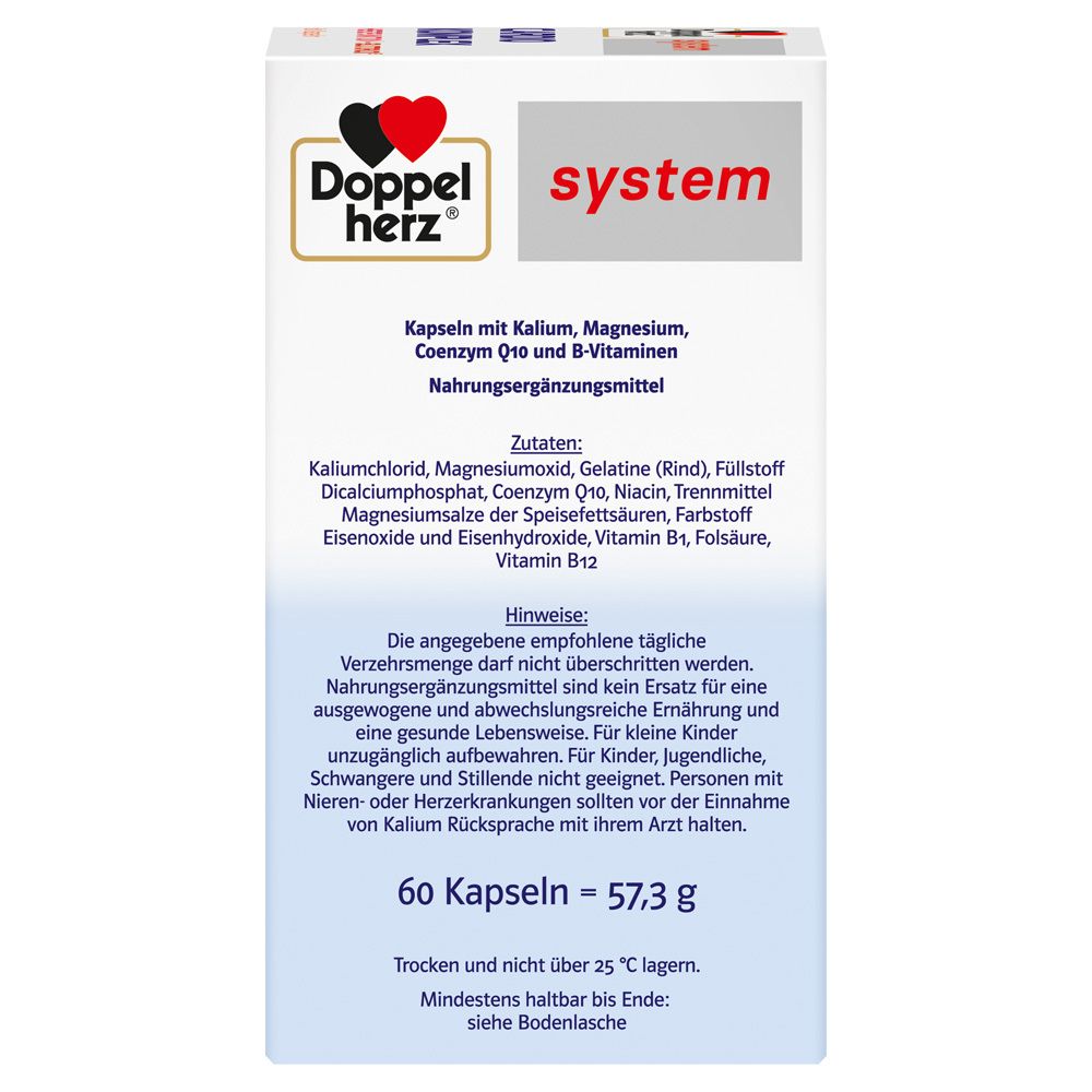 Rückseite der Cardio Komplex Kapseln Verpackung. Enthält Zutatenliste und Anwendungshinweise. 60 Kapseln, 57,3 g.
