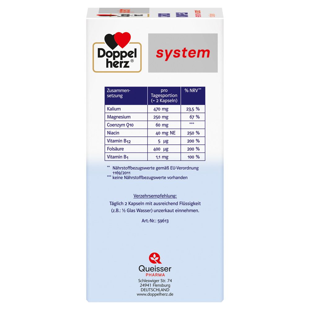 Seite der Doppelherz CARDIO KOMPLEX Packung. Text: Zusammensetzung, Nährwertangaben, Verzehrempfehlung.