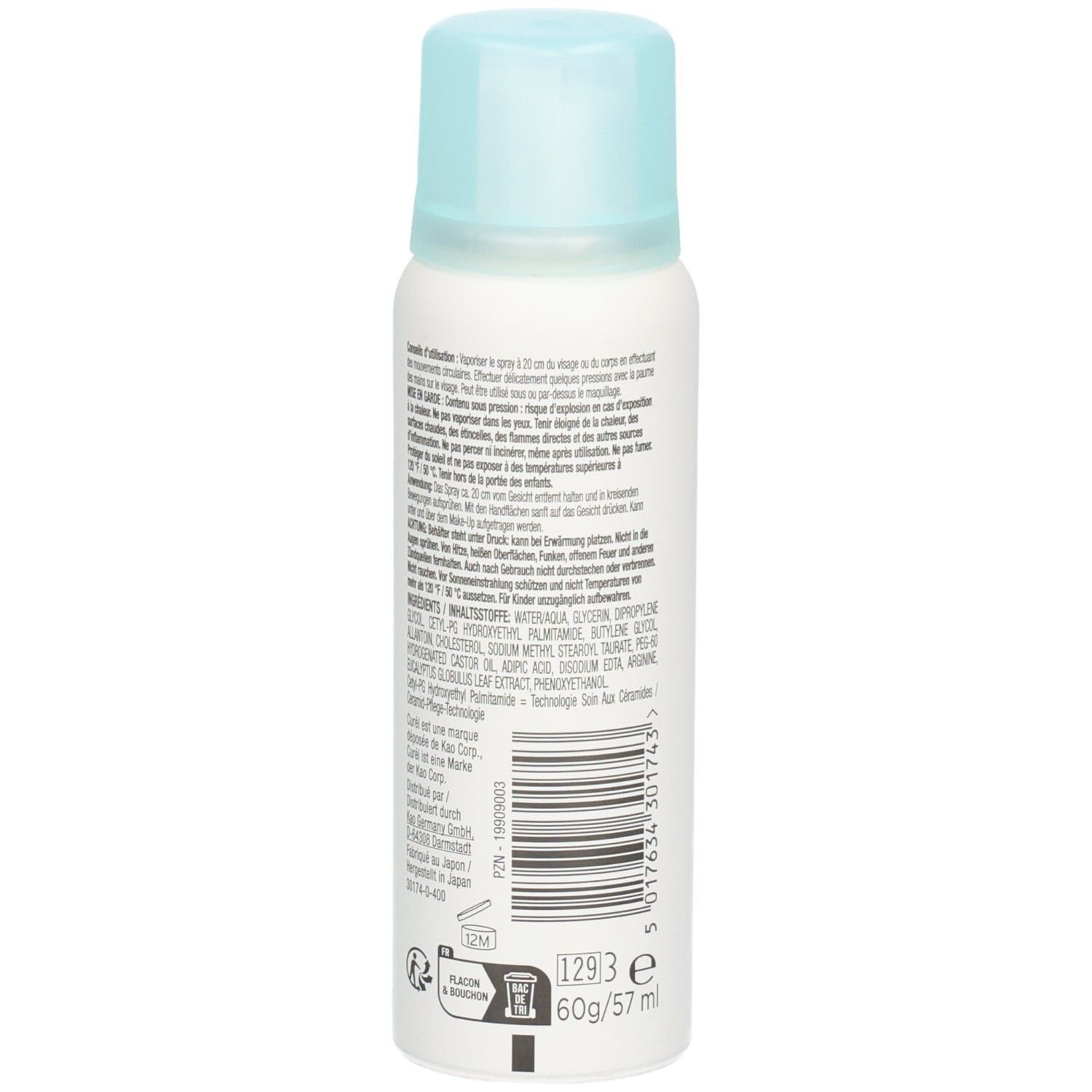 Weißes Spray mit hellblauem Deckel. Rückseite mit Text. Volumen: 60g/57 ml. Recycling-Symbol.