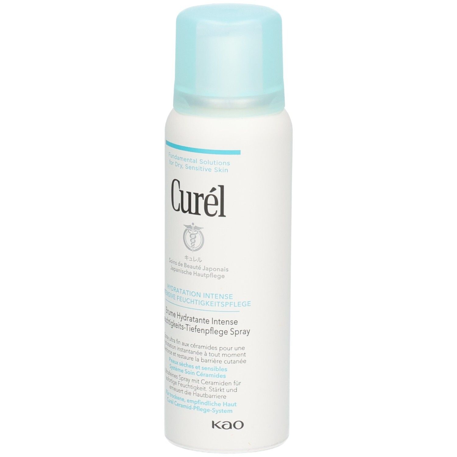 Weißes Spray mit hellblauem Deckel. Aufschrift: Curel, Hydratation Intense, Feuchtigkeits-Tiefenpflege Spray. Japanische Hautpflege.