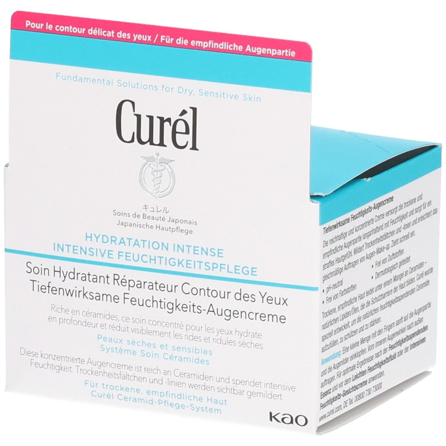 Curél Augencreme-Verpackung. Weißer Karton mit blauer Oberseite. Text: Hydratation Intense, Tiefenwirksame Feuchtigkeits-Augencreme. Marke Curél.