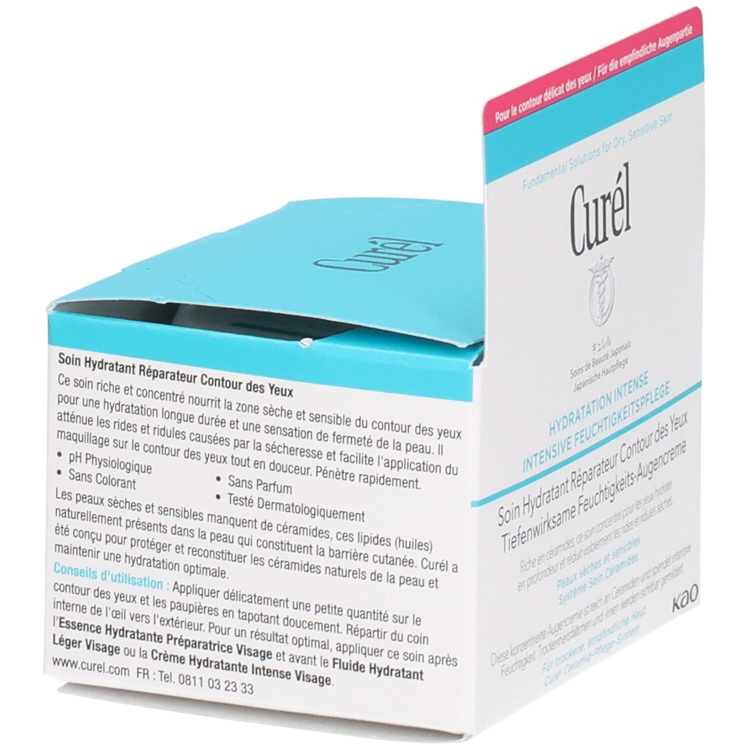 Curél Augencreme-Verpackung, teilweise geöffnet. Weißer Karton mit blauer Innenseite. Text: Soin Hydratant Réparateur Contour des Yeux. pH-neutral.