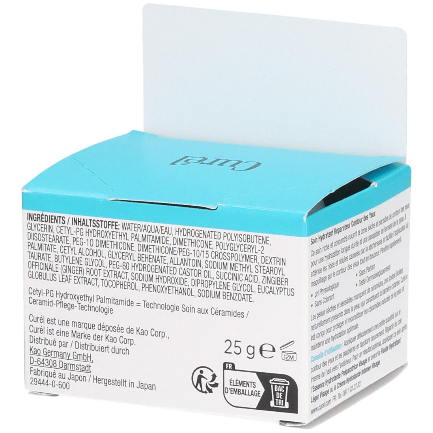Rückseite der Curél Augencreme-Verpackung. Text: Inhaltsstoffe, 25 g. Logo für umweltgerechte Verpackung. Hergestellt in Japan.