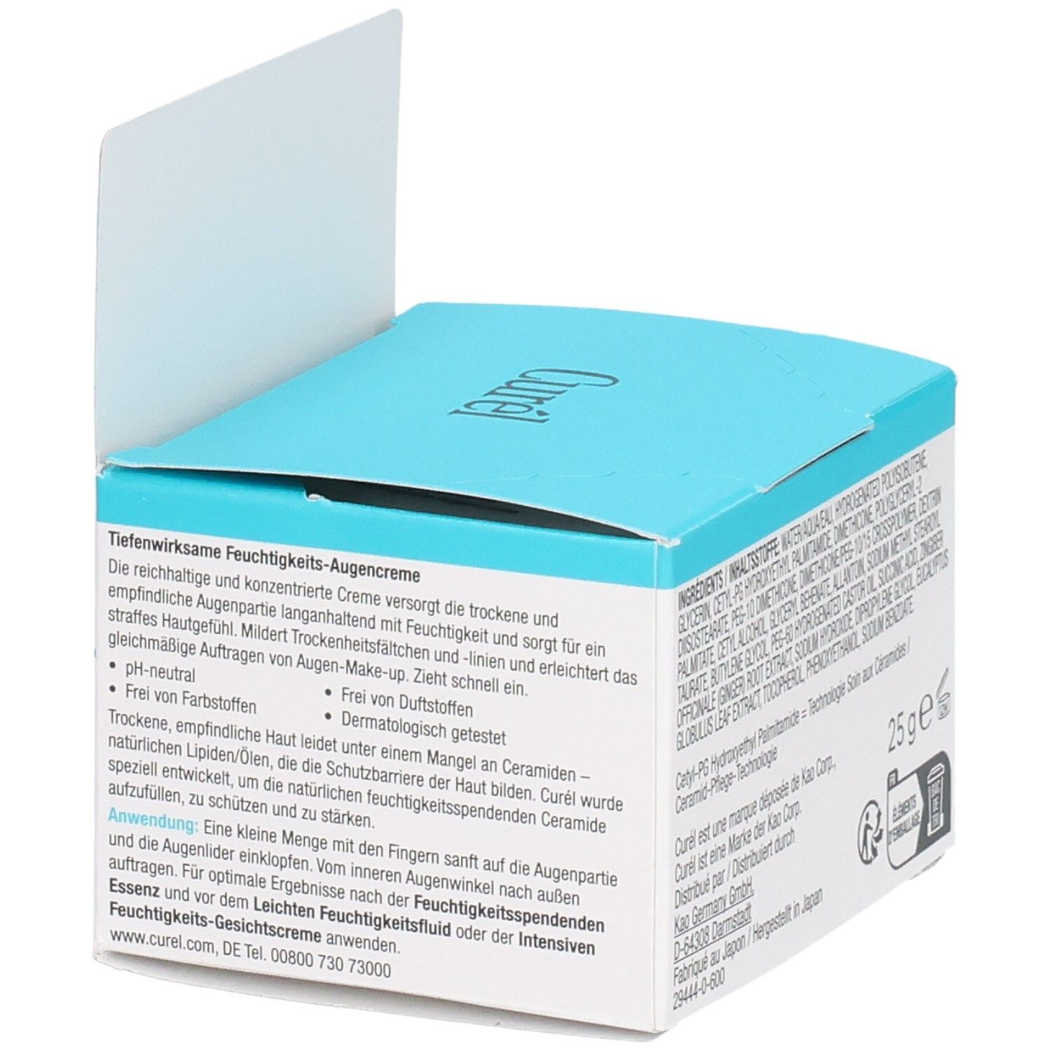 Curél Augencreme-Verpackung, Rückseite. Text: Tiefenwirksame Feuchtigkeits-Augencreme, 25 g. pH-neutral. Frei von Duftstoffen.