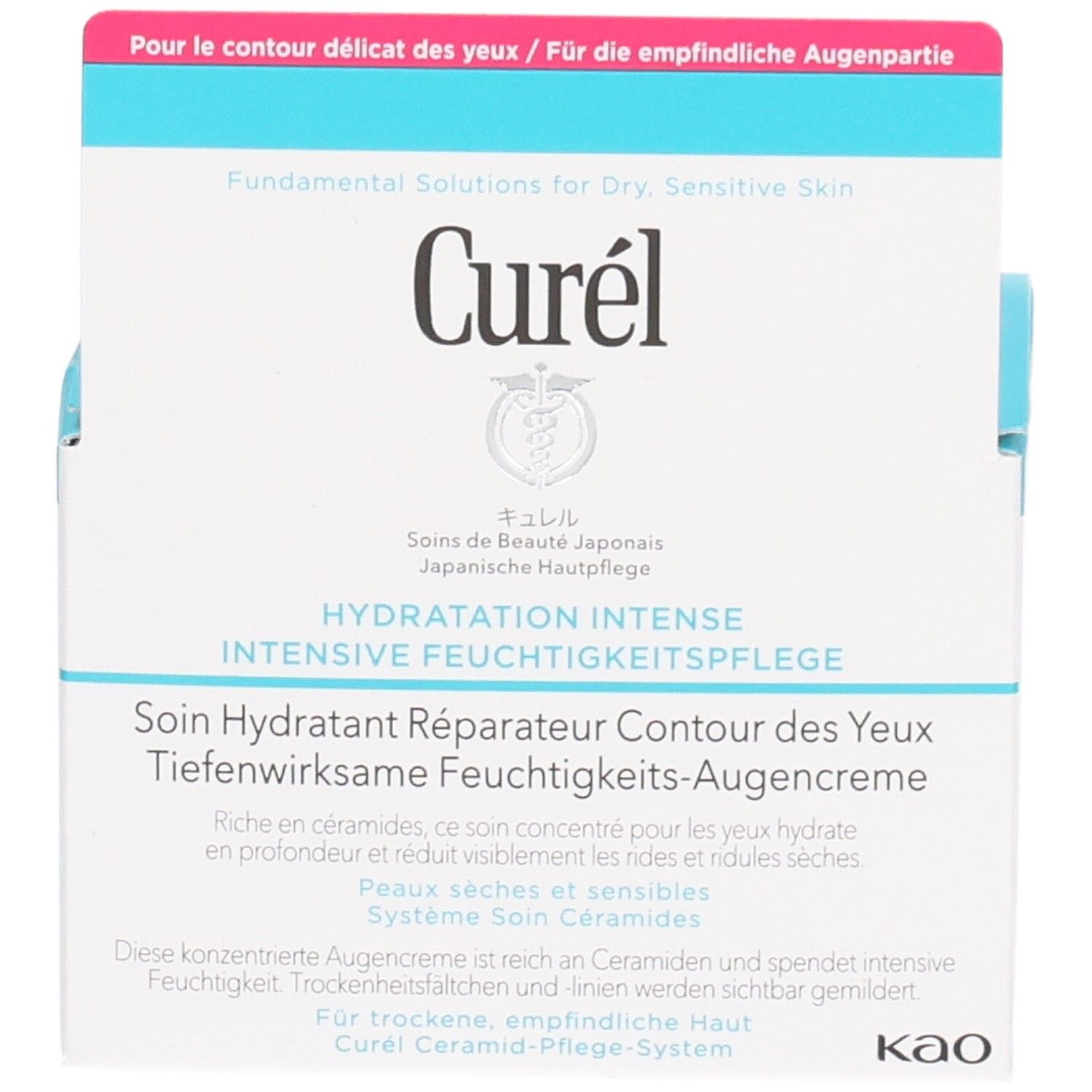 Vorderseite der Curél Augencreme-Verpackung. Weißer Karton mit blauer Oberseite. Text: Hydratation Intense, Tiefenwirksame Feuchtigkeits-Augencreme. Marke Curél.
