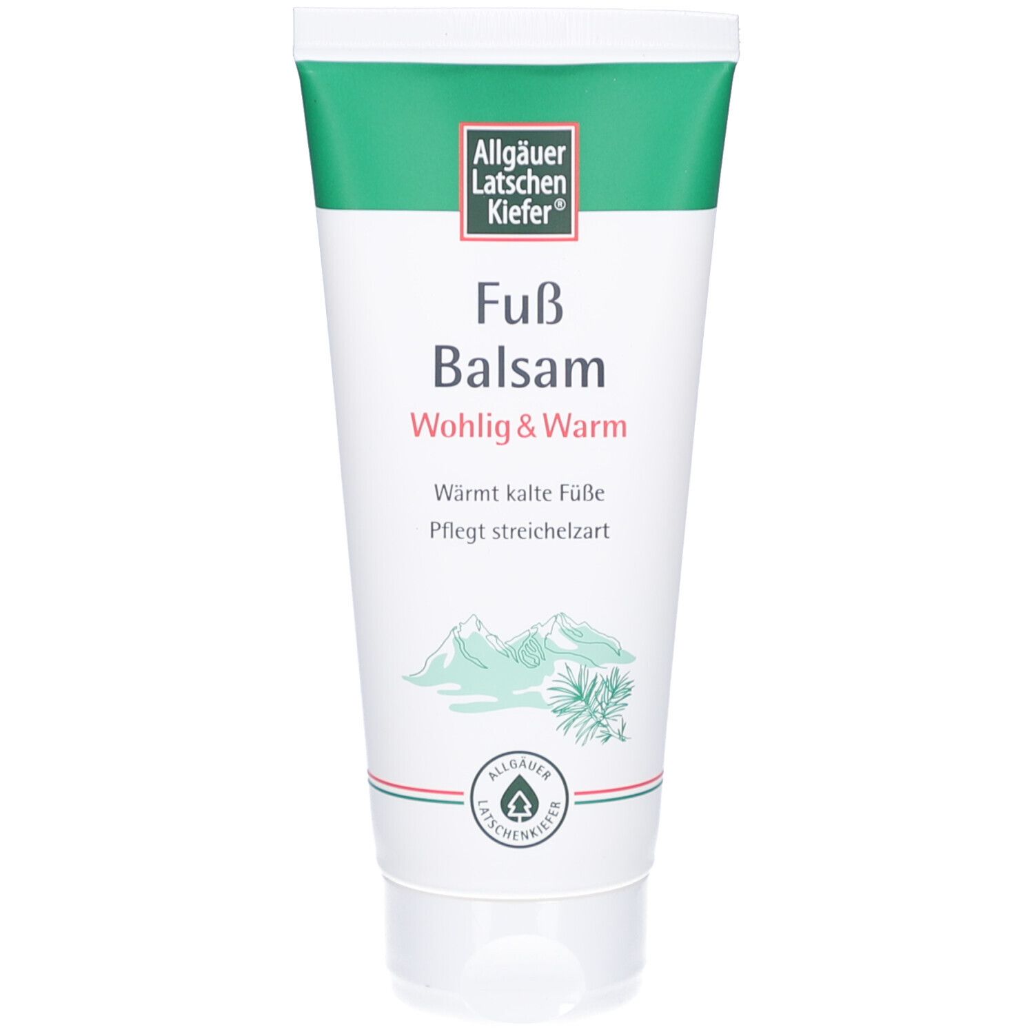 Weiß-grüne Tube. Oben: Marke und Produktname. Schriftzug: Fuß Balsam wohlig & warm. Illustration: Berge und Pflanzen.