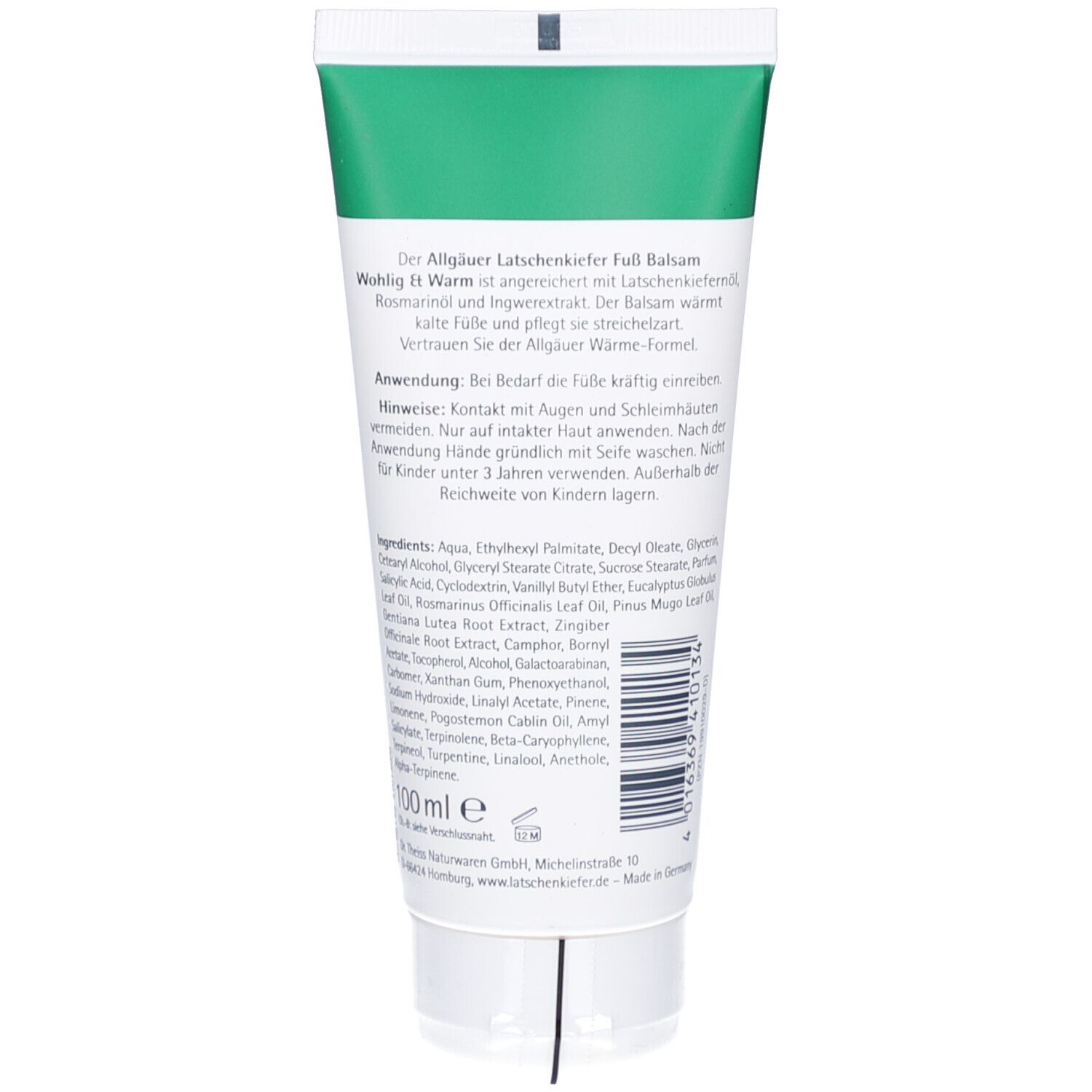 Rückseite der Tube. Text und Inhaltsstoffe. Oben: Produktname. Unten: 100 ml. Barcode und Herstellerinformationen.