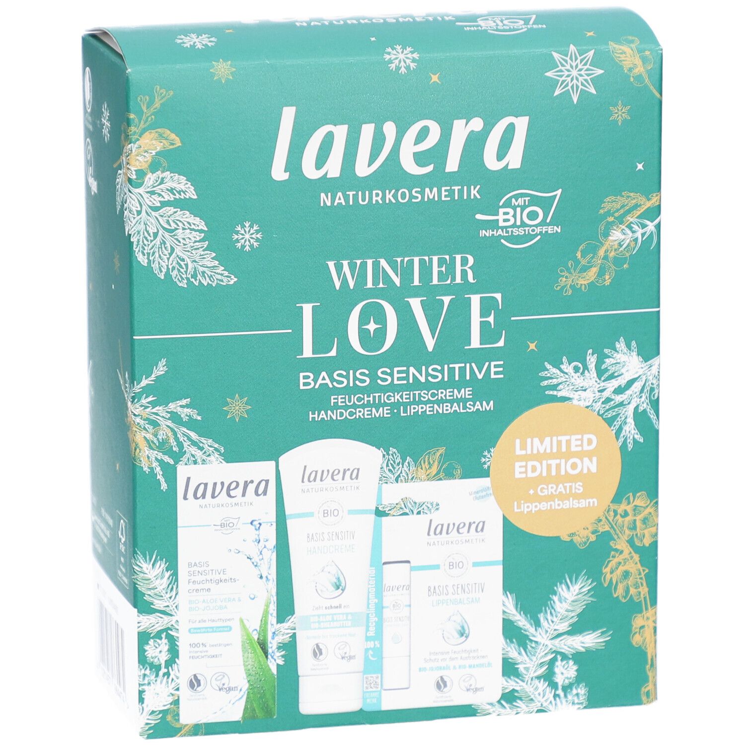Geschenkset Winter Love, grüne Verpackung mit Produktabbildungen. Enthält Feuchtigkeitscreme, Handcreme und Lippenbalsam.