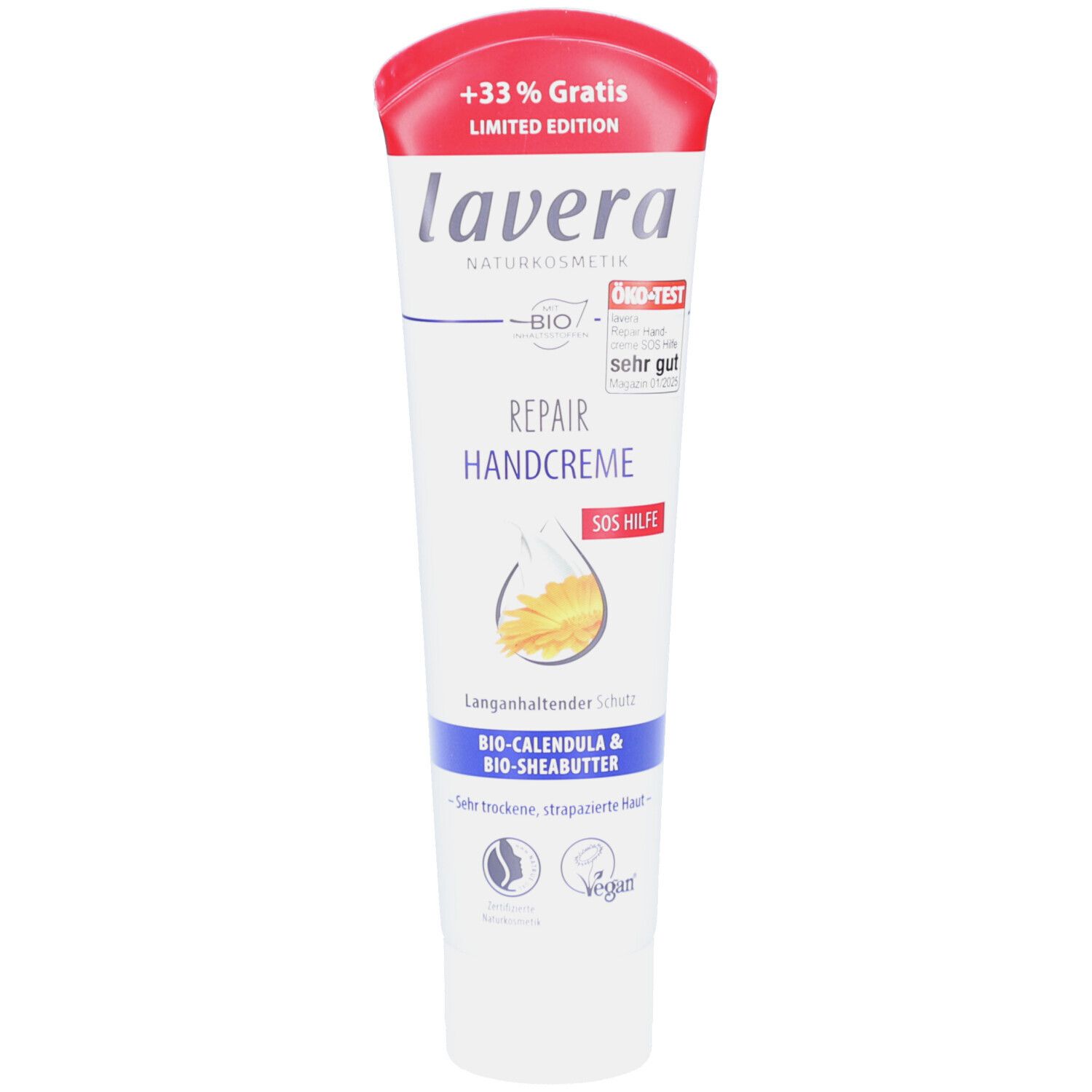 Weiße Tube mit rotem Deckel. Aufschrift: lavera Repair Handcreme, Bio-Siegel, Öko-Test Siegel. +33% Gratis Limited Edition.