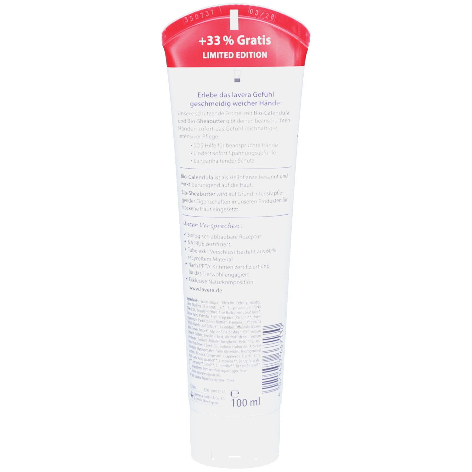 Rückseite einer weißen Tube mit rotem Deckel. Text: lavera, Inhaltsstoffe, Bio-Siegel, vegan. Volumen: 100 ml.