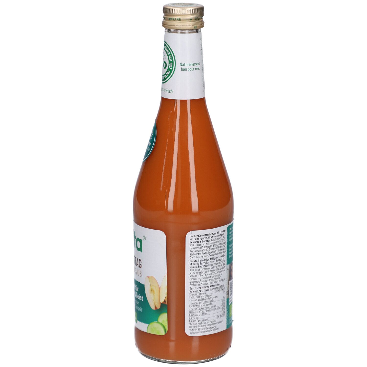 Rückansicht der Saftflasche. Etikett mit Informationen und Barcode. Bio-Siegel. Karotten- und Apfel-Illustrationen.