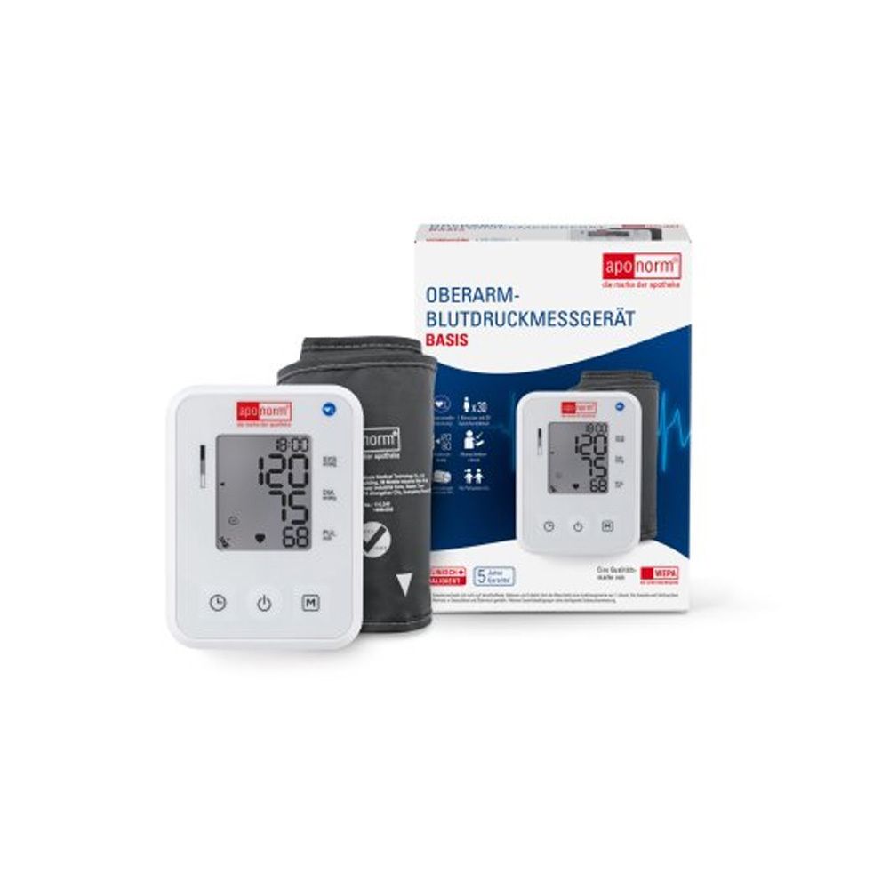 Blutdruckmessgerät Basis Control in Verpackung. Digitalanzeige mit Werten. Manschette und Gerät. Klinisch validiert.