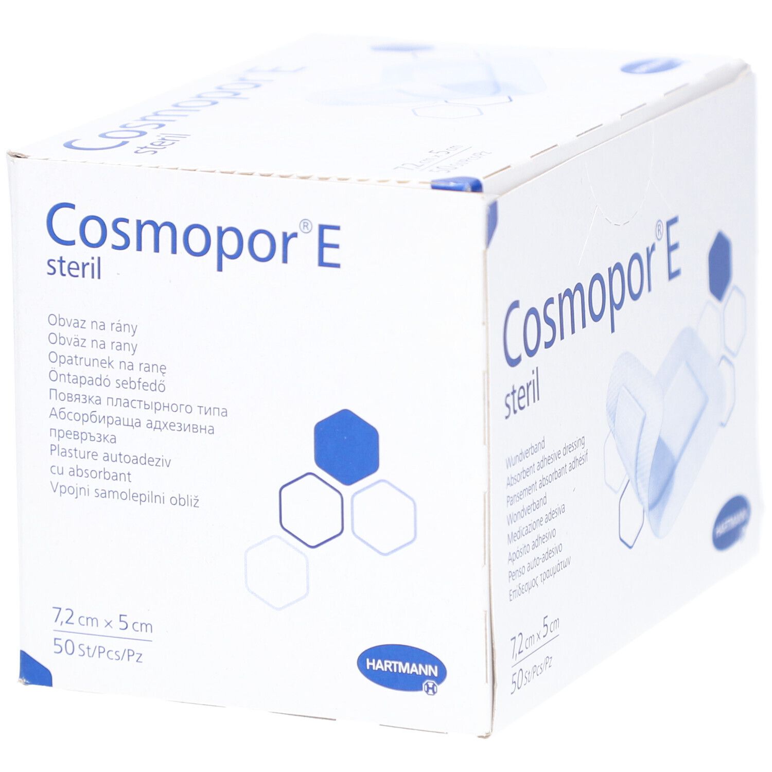 Verpackung von Cosmopor E steril Wundverband. Aufschrift: 7,2 cm x 5 cm, 50 St/Pz. Hartmann Logo. Mehrsprachige Beschriftung.