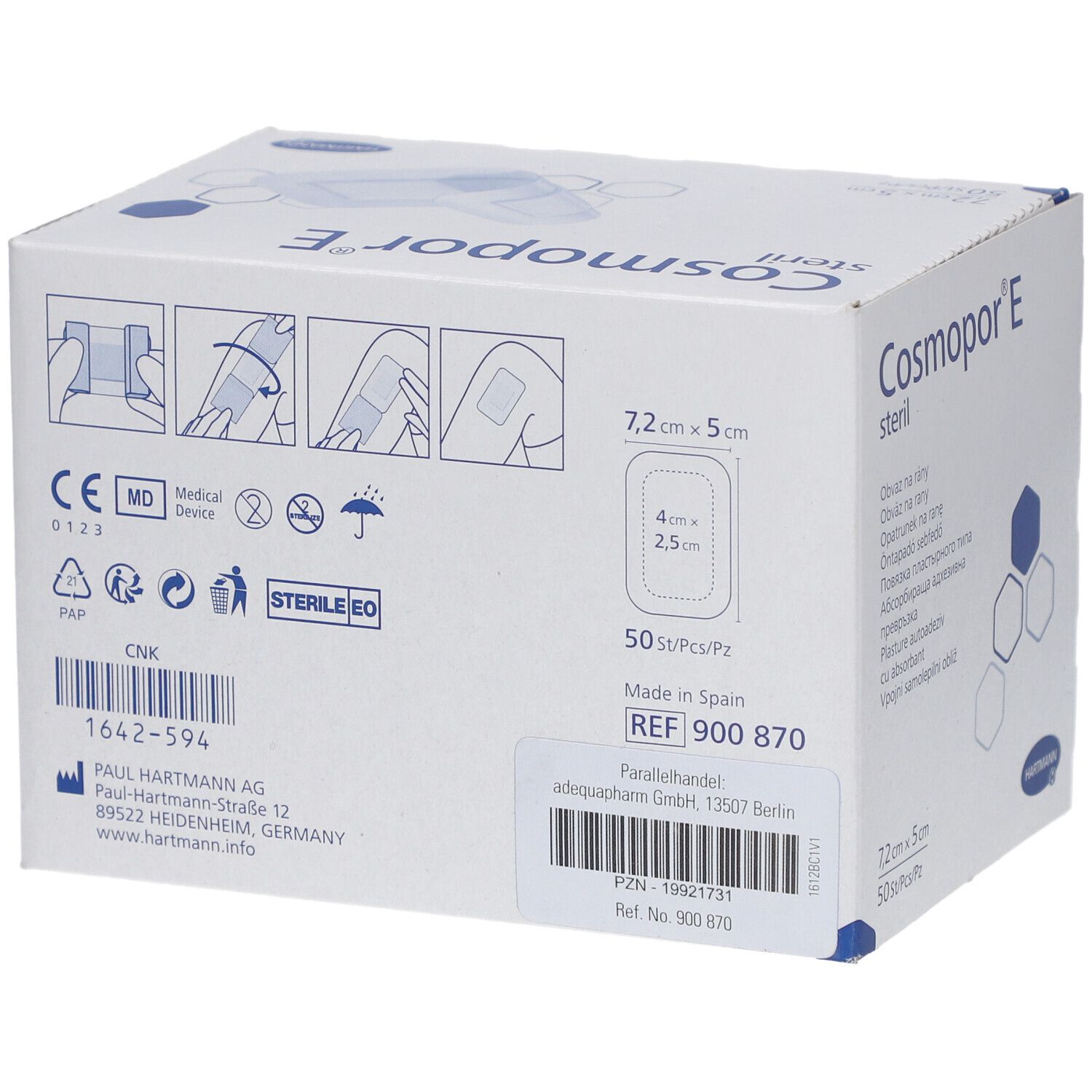 Verpackung von Cosmopor E steril Wundverband. Aufschrift: 7,2 cm x 5 cm, 50 St/Pz. Hartmann Logo. Medizinprodukt-Kennzeichnung.