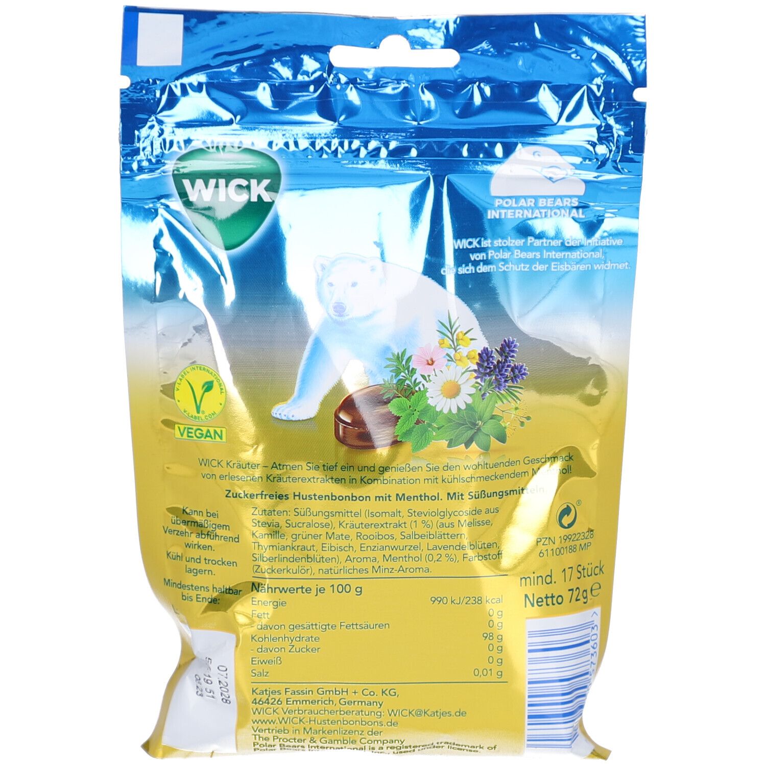 Rückseite der Bonbon-Verpackung. Text: WICK, Kräuter, vegan. Nährwertangaben. Enthält 17 Stück. Nettogewicht 72g.