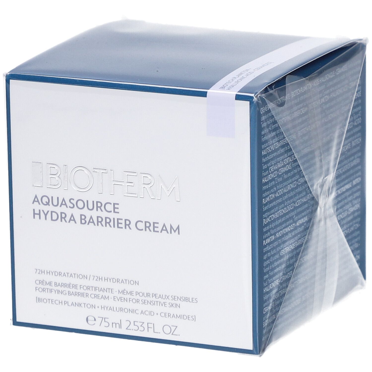 BIOTHERM Aquasource Hydra Barrier Cream. Verpackung, blau-weiß. Produktname und Inhaltsstoffe auf der Vorderseite.