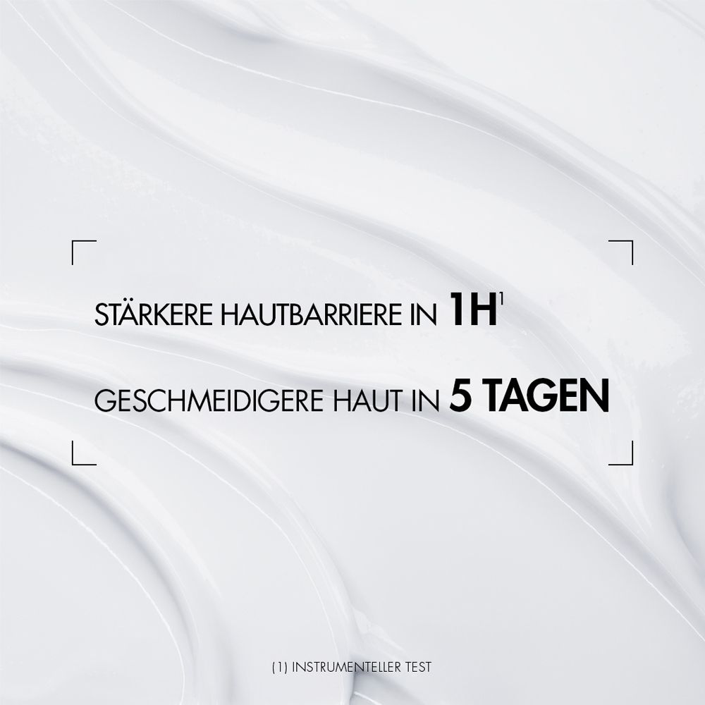 Text auf weißem Hintergrund: Stärkere Hautbarriere in 1H. Geschmeidigere Haut in 5 Tagen. (1) Instrumenteller Test.