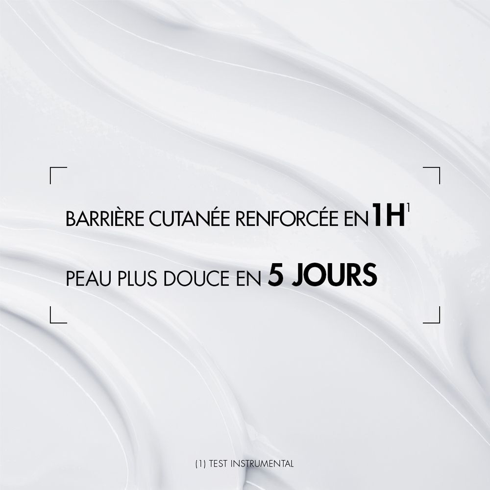 Text auf weißem Hintergrund: Barrière cutanée renforcée en 1H. Peau plus douce en 5 jours. (1) Test instrumental.