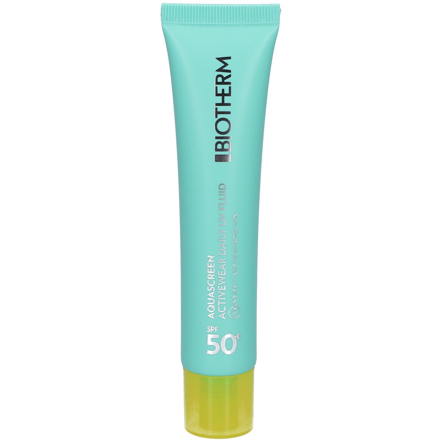 Türkisfarbene Tube mit gelbem Verschluss. Aufschrift: BIOTHERM, AQUASCREEN ACTIVEWEAR DAILY UV FLUID SPF 50+.
