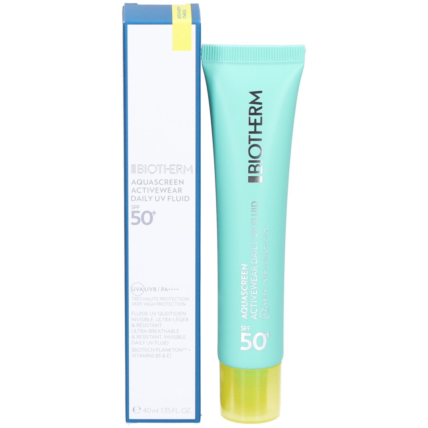 Türkisfarbene Tube und Schachtel. Aufschrift: BIOTHERM, AQUASCREEN ACTIVEWEAR DAILY UV FLUID SPF 50+.
