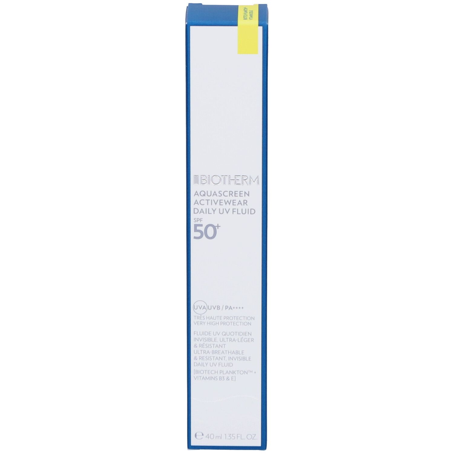 Blaue Schachtel. Aufschrift: BIOTHERM, AQUASCREEN ACTIVEWEAR DAILY UV FLUID SPF 50+.