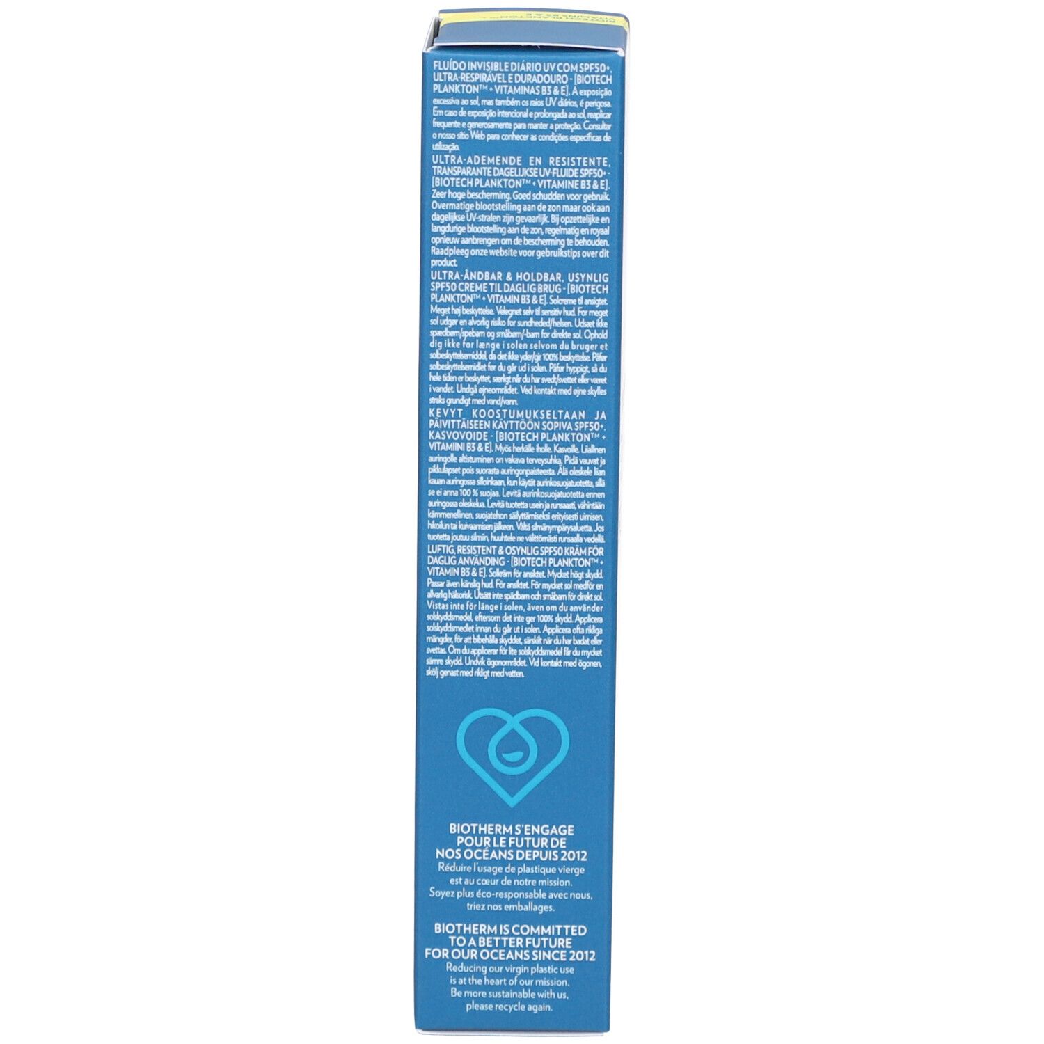 Blaue Schachtel, Rückseite. Text in mehreren Sprachen. Logo von Biotherm.