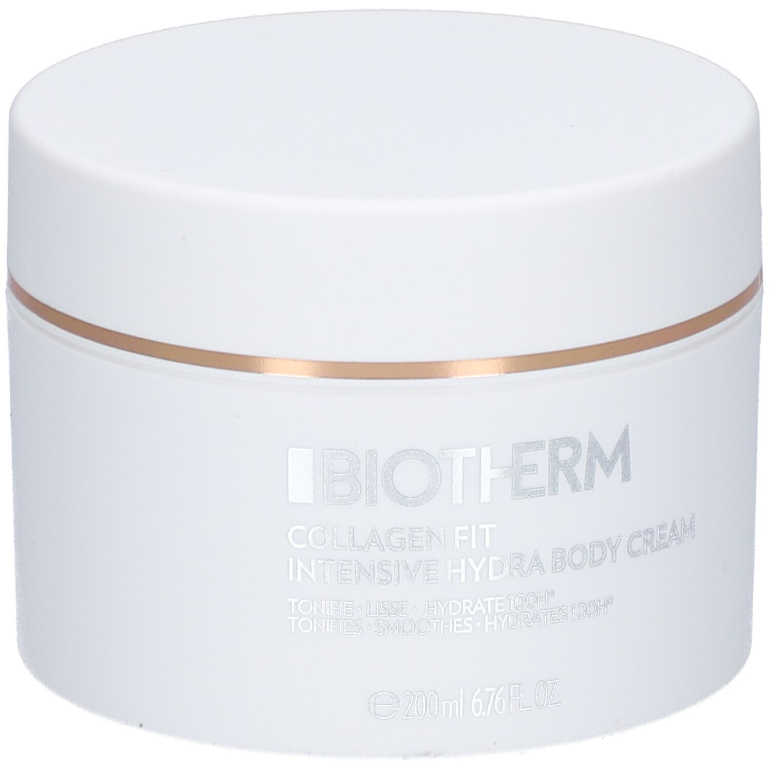 Weißer Tiegel mit BIOTHERM Collagen Fit Hydra Body Cream. Silberne Schrift, goldfarbener Ring.