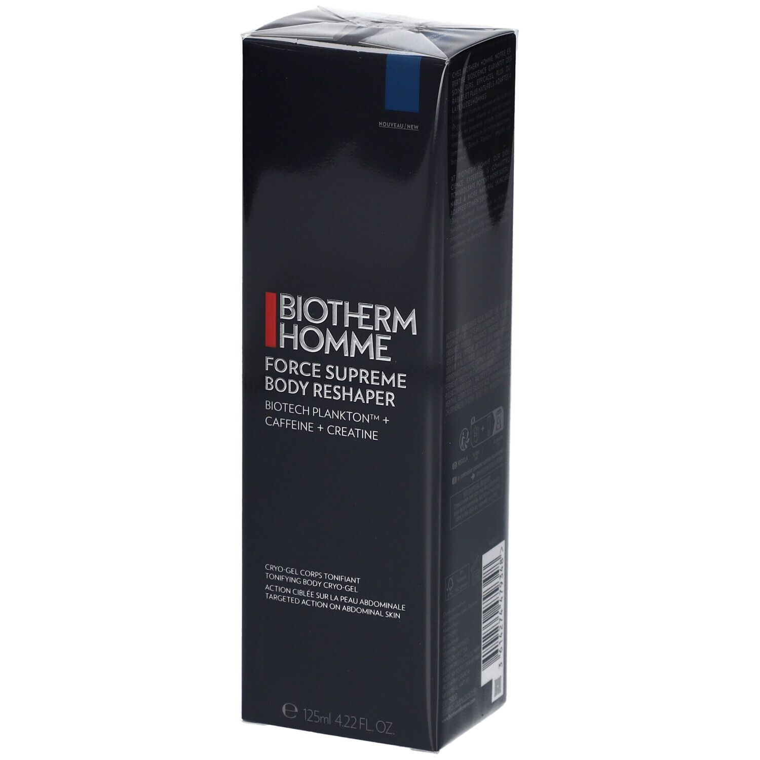 Schwarze Verpackung mit Produktnamen und -details. Biotherm Homme Force Supreme Body Reshaper. Enthält Biotech Plankton, Koffein und Kreatin.