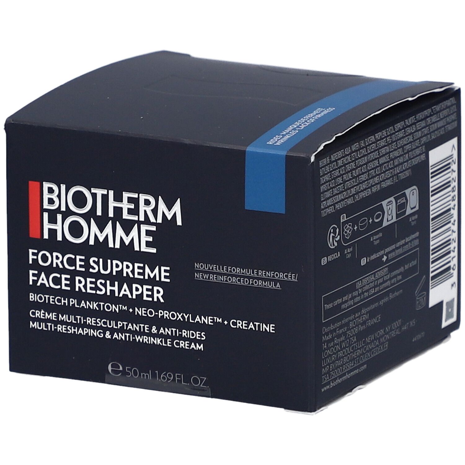 Dunkelblaue Schachtel mit Produktinformationen. Aufschrift: Biotherm Homme Force Supreme Face Reshaper. 50 ml.