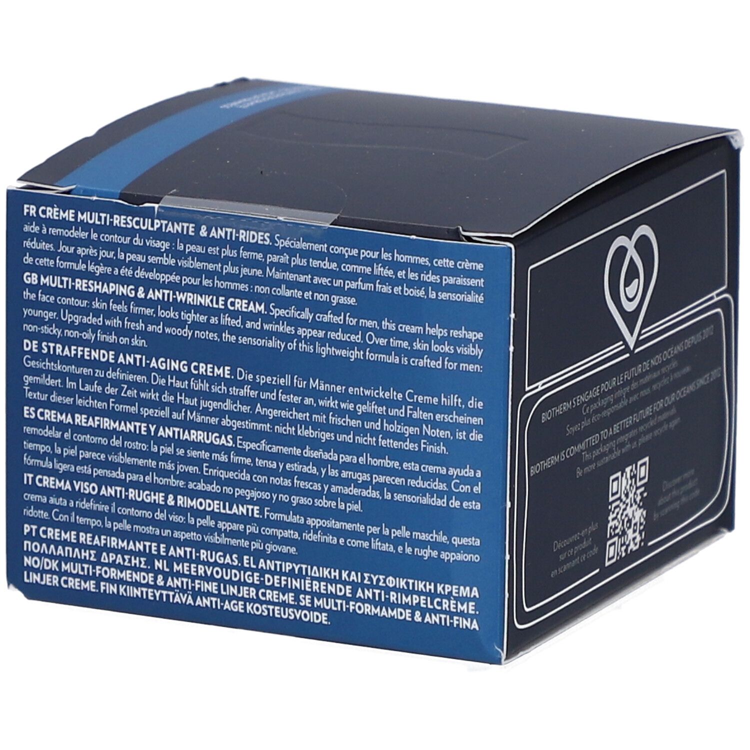 Dunkelblaue Schachtel mit Text in mehreren Sprachen. Enthält Produktinformationen und Anweisungen.