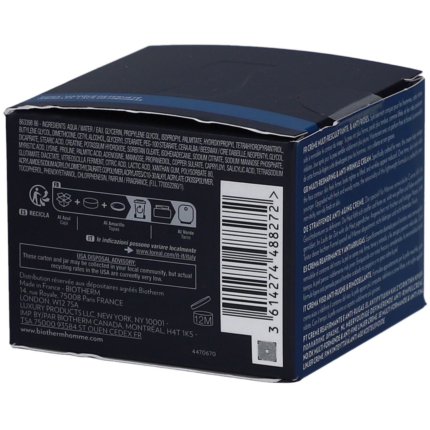 Dunkelblaue Schachtel mit Text und Symbolen. Enthält Inhaltsstoffe und Recycling-Informationen.