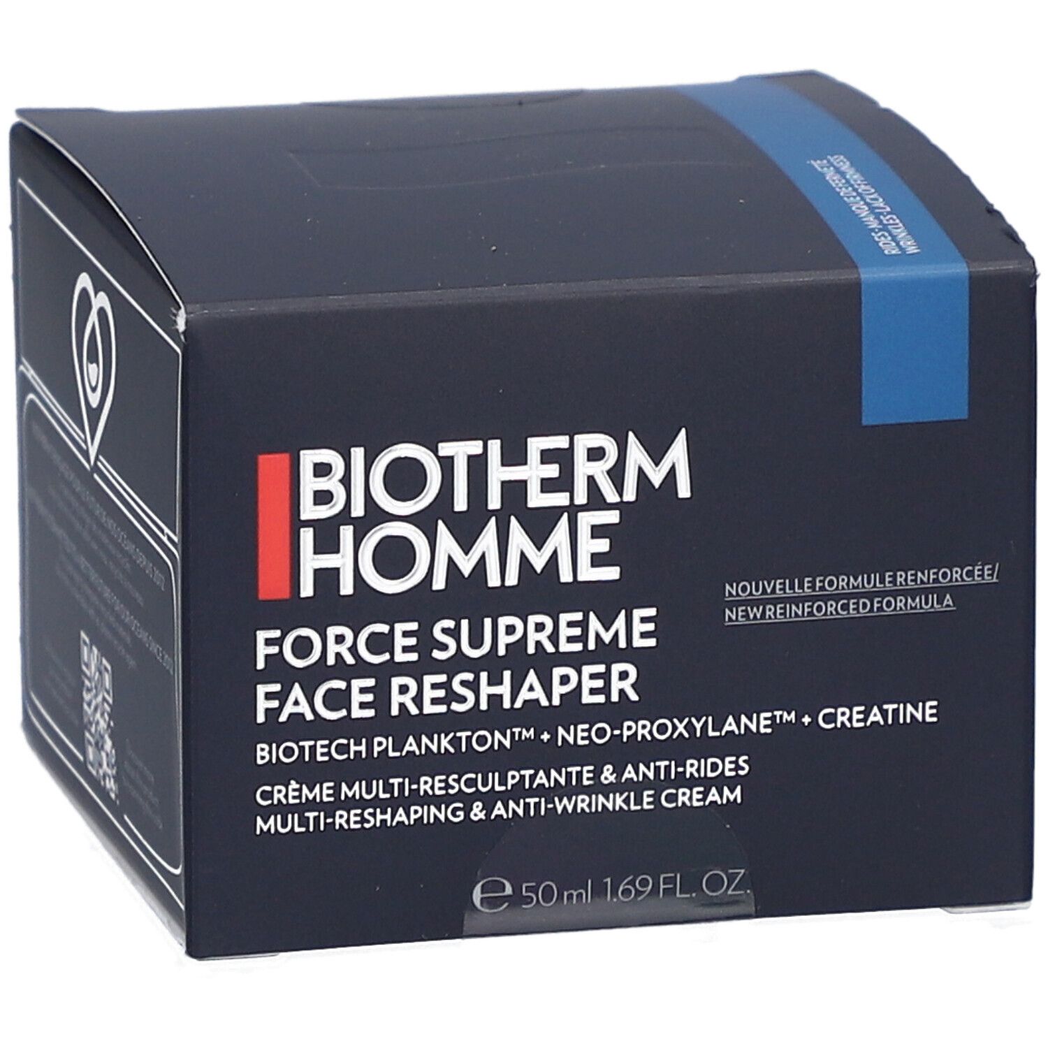 Dunkelblaue Schachtel mit Produktnamen und -details. Aufschrift: Biotherm Homme Force Supreme Face Reshaper. 50 ml.