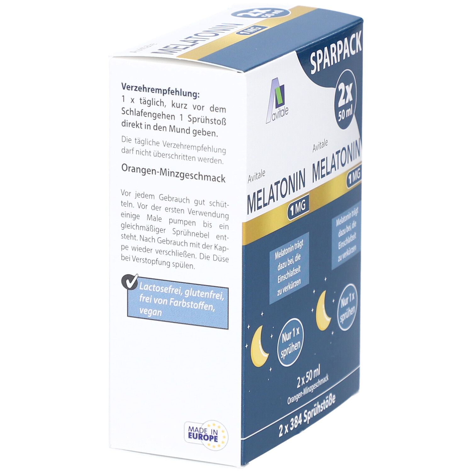Verpackung von Melatonin 1 mg Einschlaf-Spray. Blaue und weiße Schachtel mit Produktinformationen und Text.