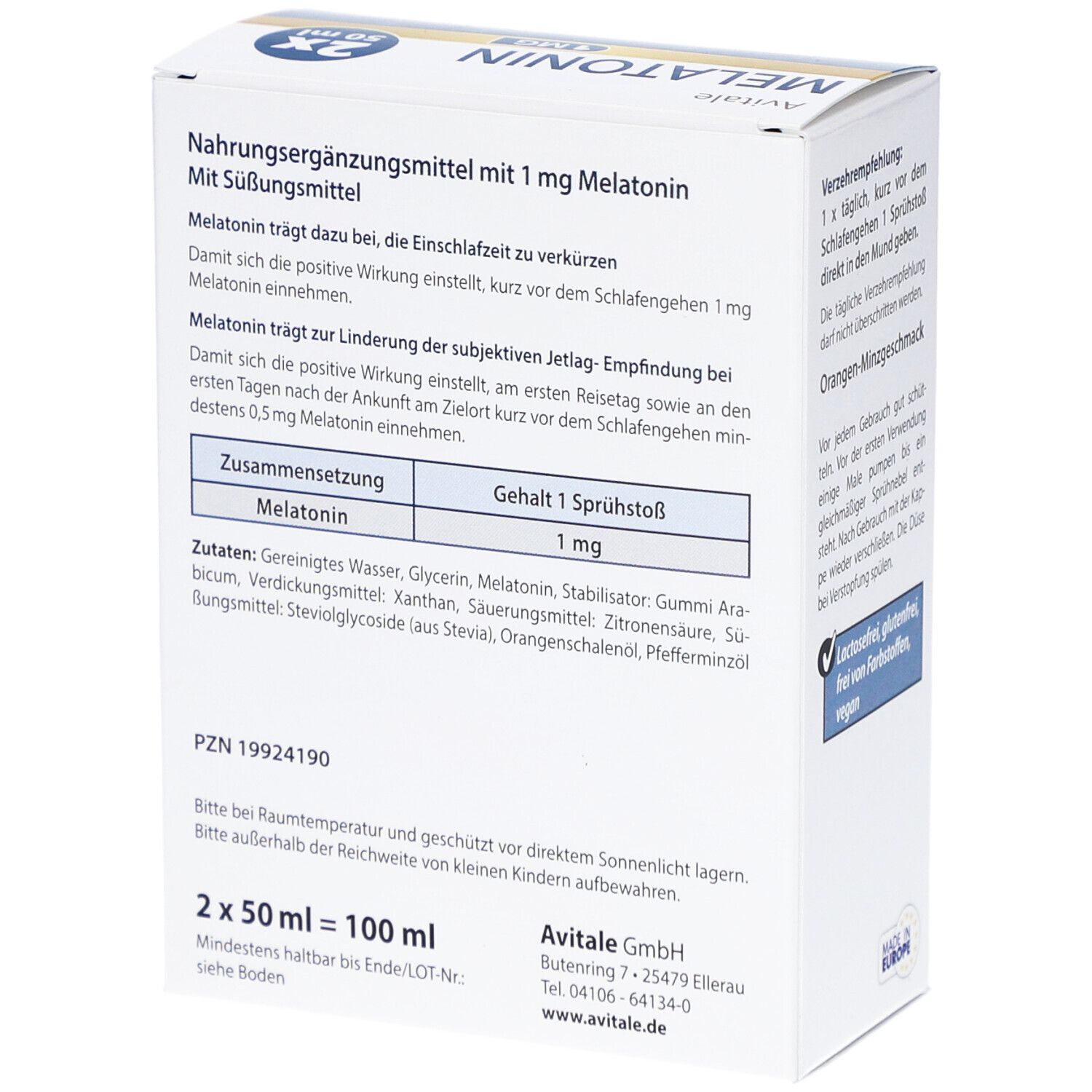 Rückseite der Verpackung von Melatonin 1 mg Einschlaf-Spray. Enthält Informationen zu Inhaltsstoffen und Nährwerten.