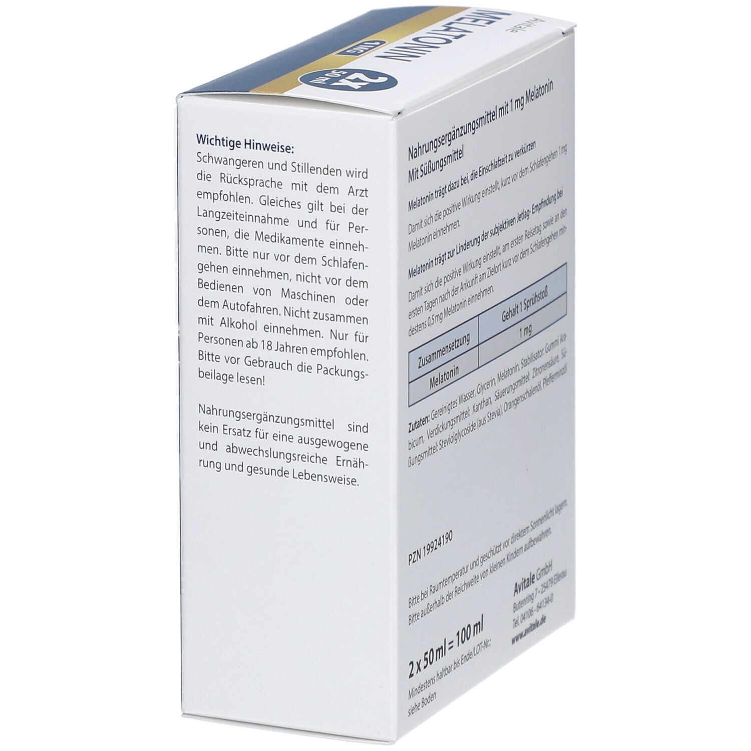 Verpackung von Melatonin 1 mg Einschlaf-Spray. Enthält wichtige Hinweise und Informationen zur Anwendung.