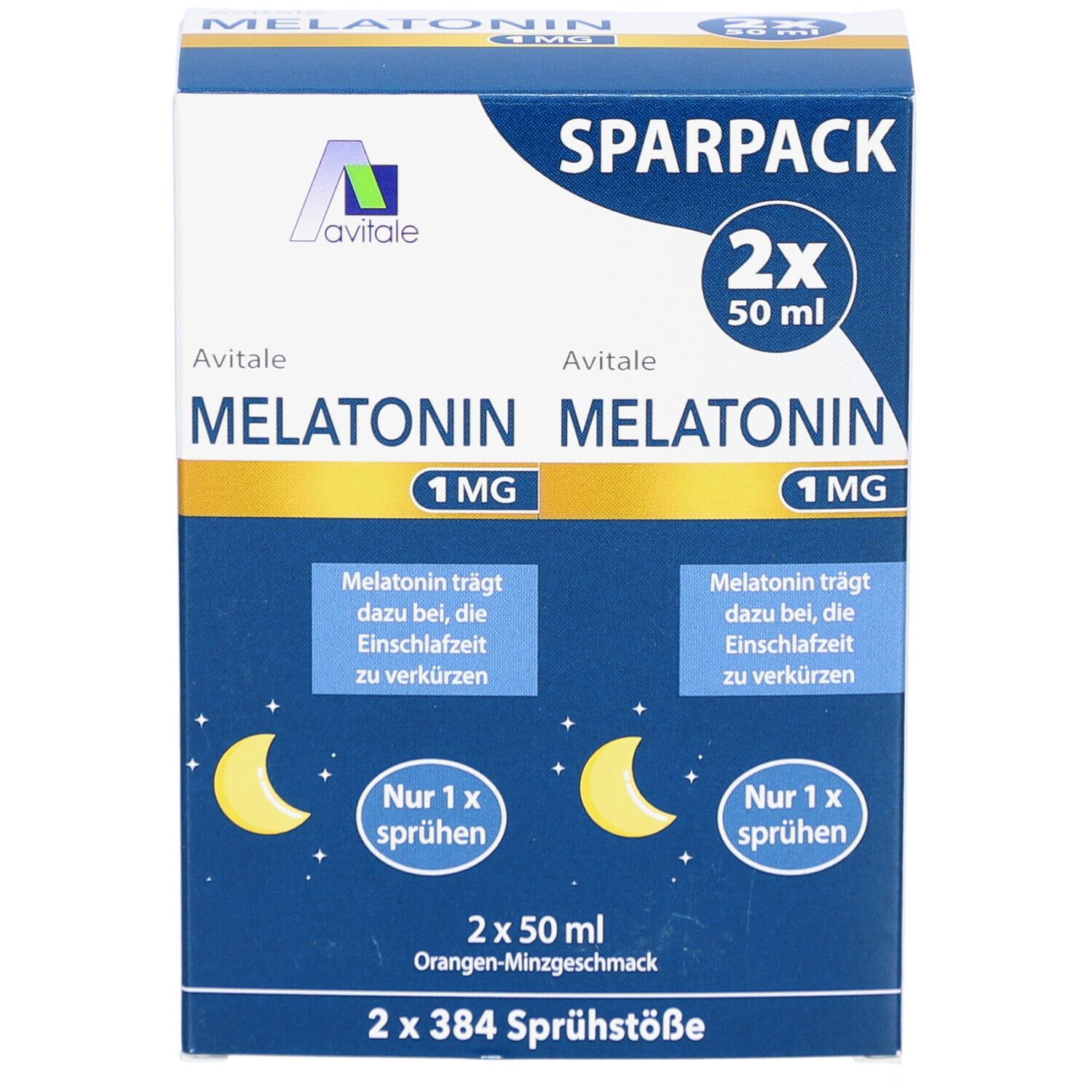 Vorderseite der Verpackung von Melatonin 1 mg Einschlaf-Spray. Blaue Verpackung mit Produktnamen und Mond-Symbolen.