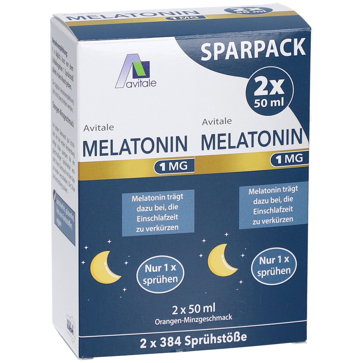 Verpackung von Melatonin 1 mg Einschlaf-Spray. Blaue Verpackung mit Produktnamen und Mond-Symbolen.