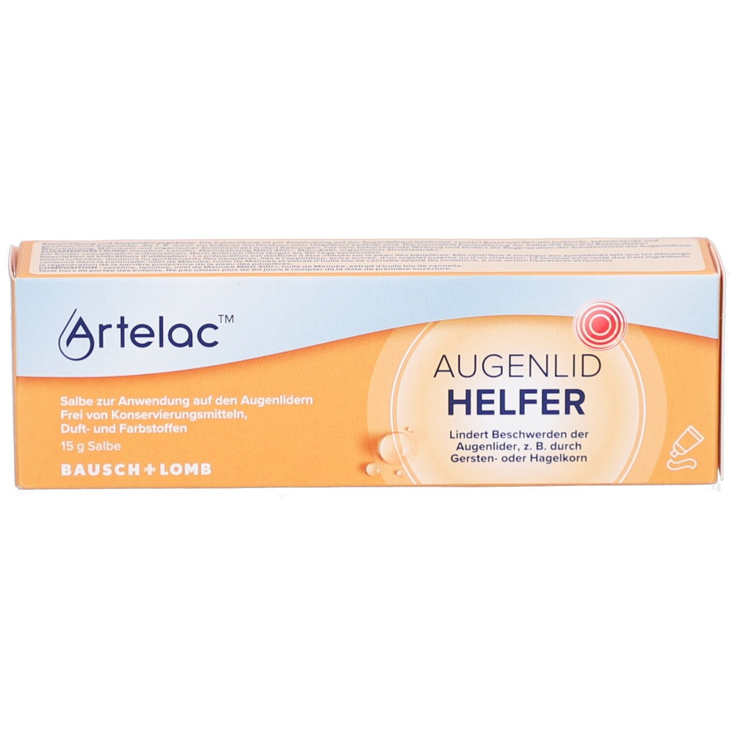 Orangefarbene Schachtel mit "Artelac" und "Augenlid HELFER" Aufdruck. Enthält 15 g Salbe. Von Bausch + Lomb.