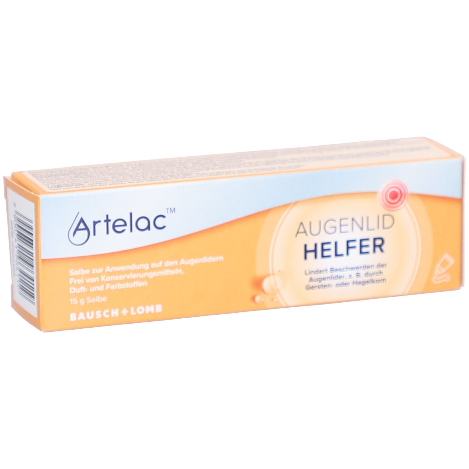 Orangefarbene Schachtel mit "Artelac" und "Augenlid HELFER" Aufdruck. Enthält 15 g Salbe. Von Bausch + Lomb.