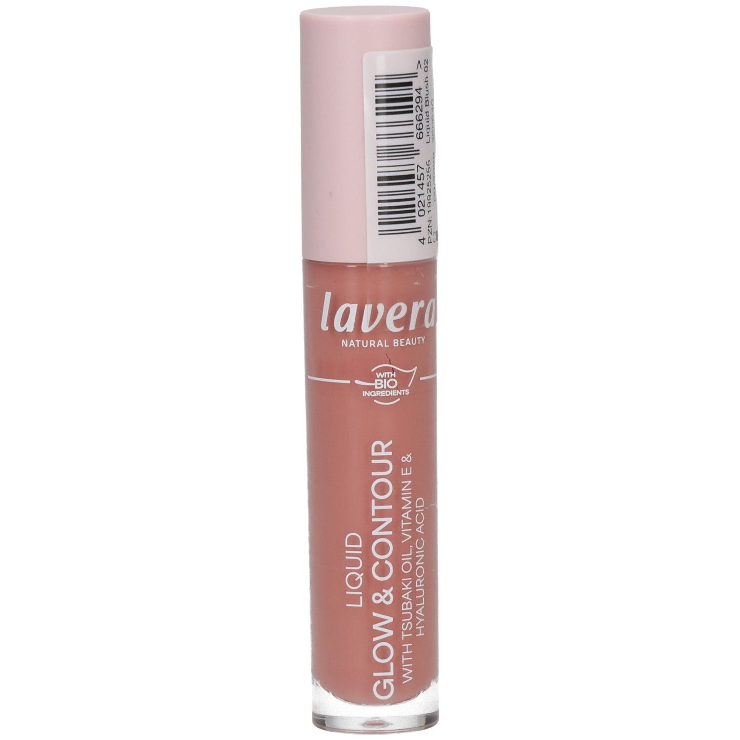 Lavera Liquid Glow & Contour Liquid Blush 02 in Rosa. Transparenter Behälter mit rosa Verschluss. Enthält Tsubaki-Öl, Vitamin E & Hyaluronsäure.