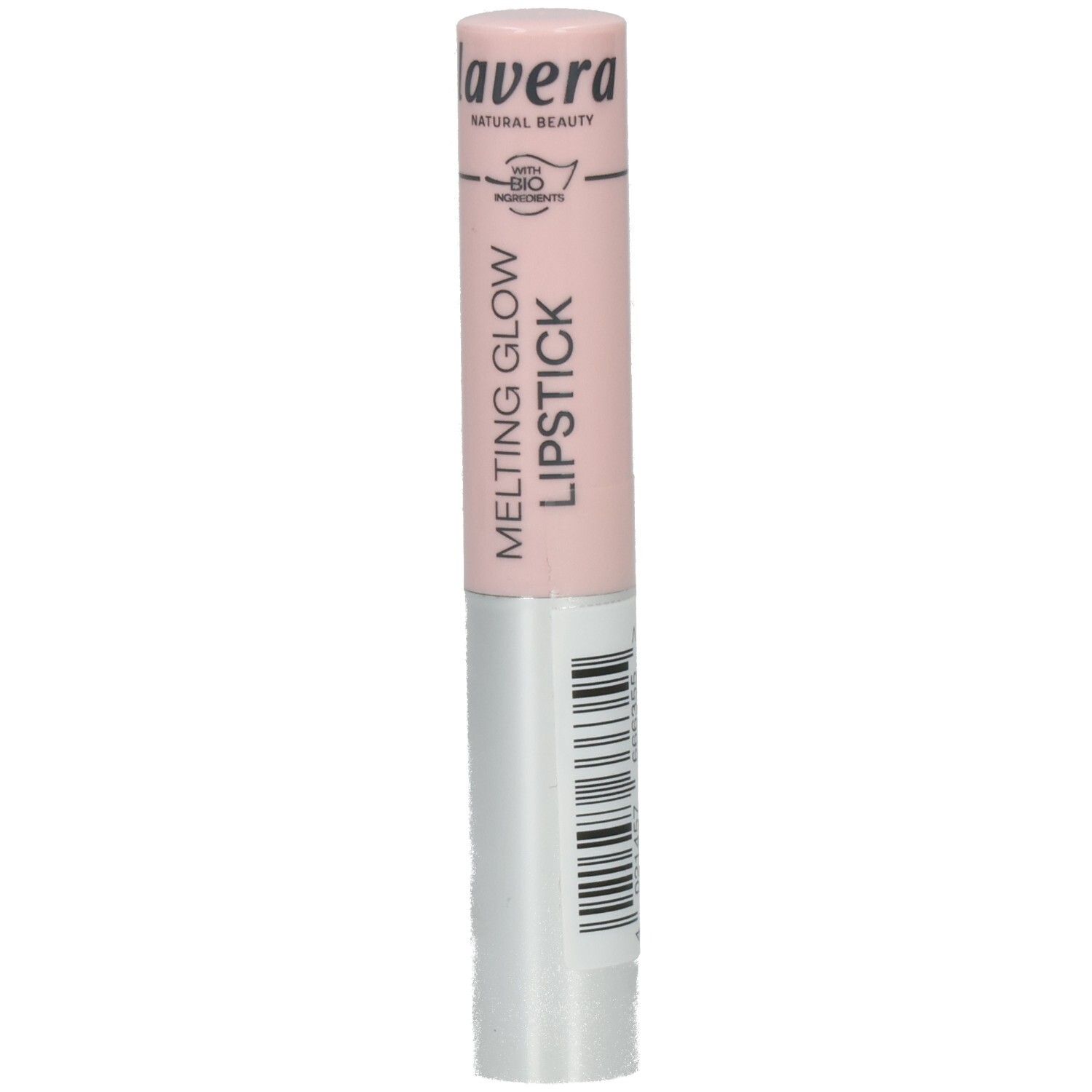 Lavera Melting Glow Lipstick, Glazed Honey 02. Rosa Hülse mit silbernem Boden und Barcode. Text auf Hülse: 'lavera NATURAL BEAUTY BIO'.