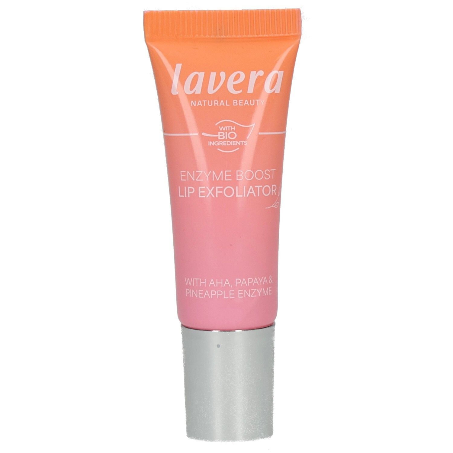 Lavera Enzyme Boost Lip Exfoliator Tube. Orange-pink gradient tube with silver cap. Text: 'lavera NATURAL BEAUTY ENZYME BOOST LIP EXFOLIATOR'.