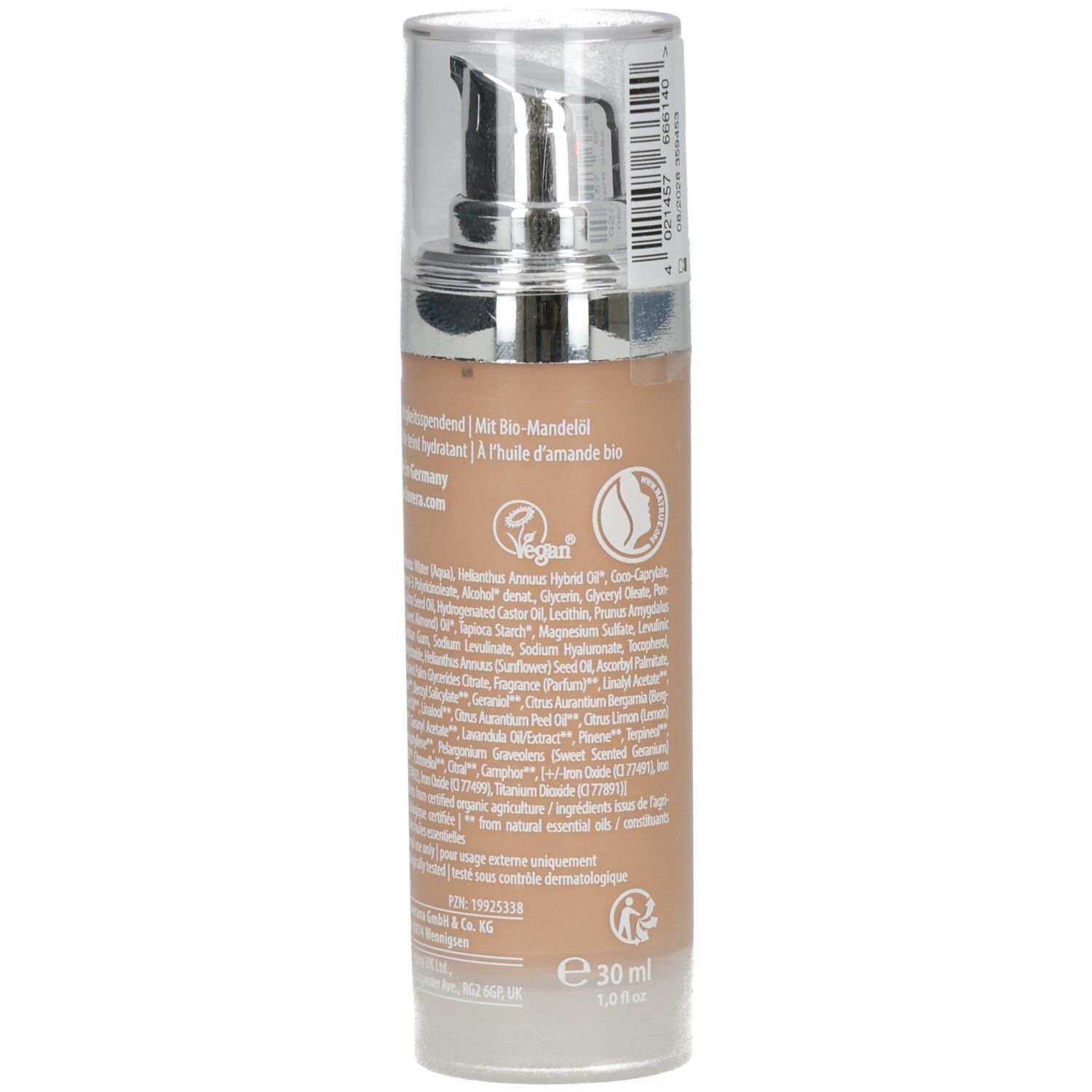 Rückseite der Lavera Hyaluron Liquid Foundation Flasche mit Inhaltsstoffen und 30ml Angabe.