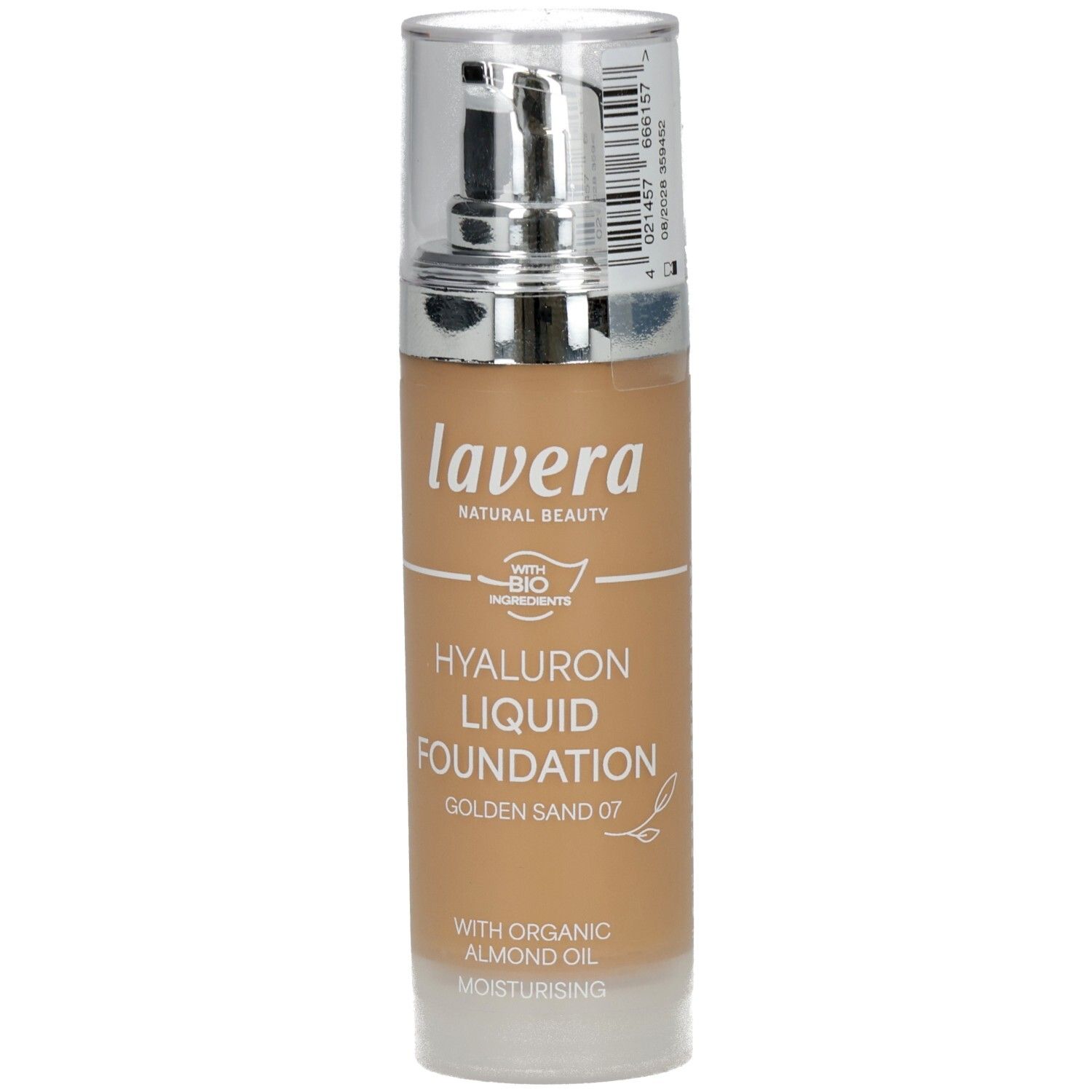 Flüssige Foundation in Glasflasche mit Pumpverschluss. Aufschrift: lavera, Hyaluron Liquid Foundation Golden Sand 07. Mit Bio-Inhaltsstoffen.