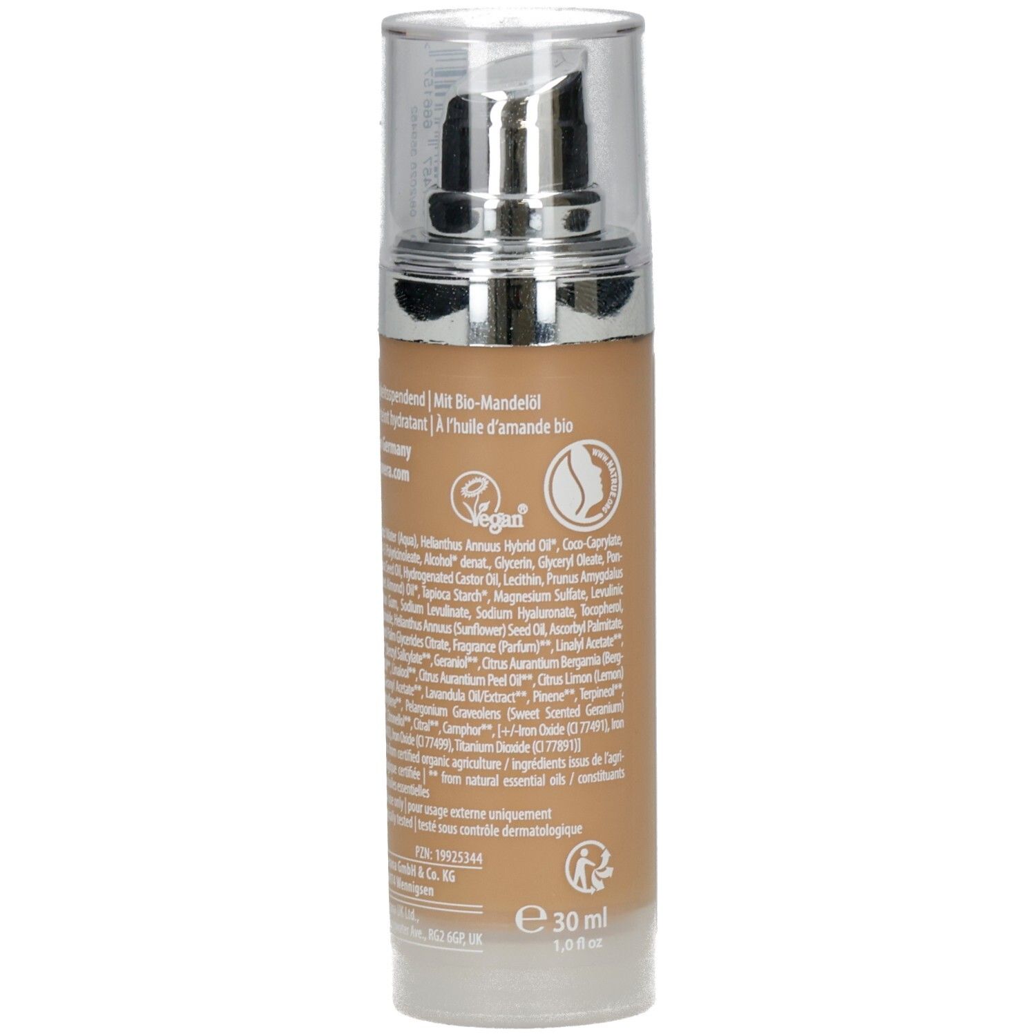Rückseite der Foundation-Flasche. Enthält Text, Vegan-Siegel und Logo. Volumen: 30 ml.