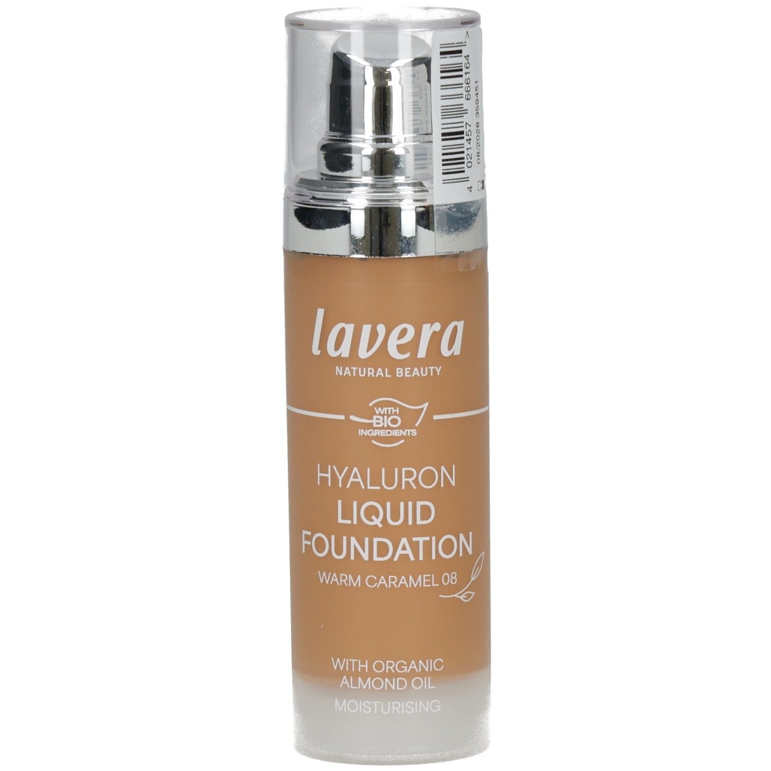 Flüssige Foundation in Glasflasche mit silbernem Pumpkopf. Aufschrift: lavera, Hyaluron Liquid Foundation, Warm Caramel 08. Mit Bio-Inhaltsstoffen.