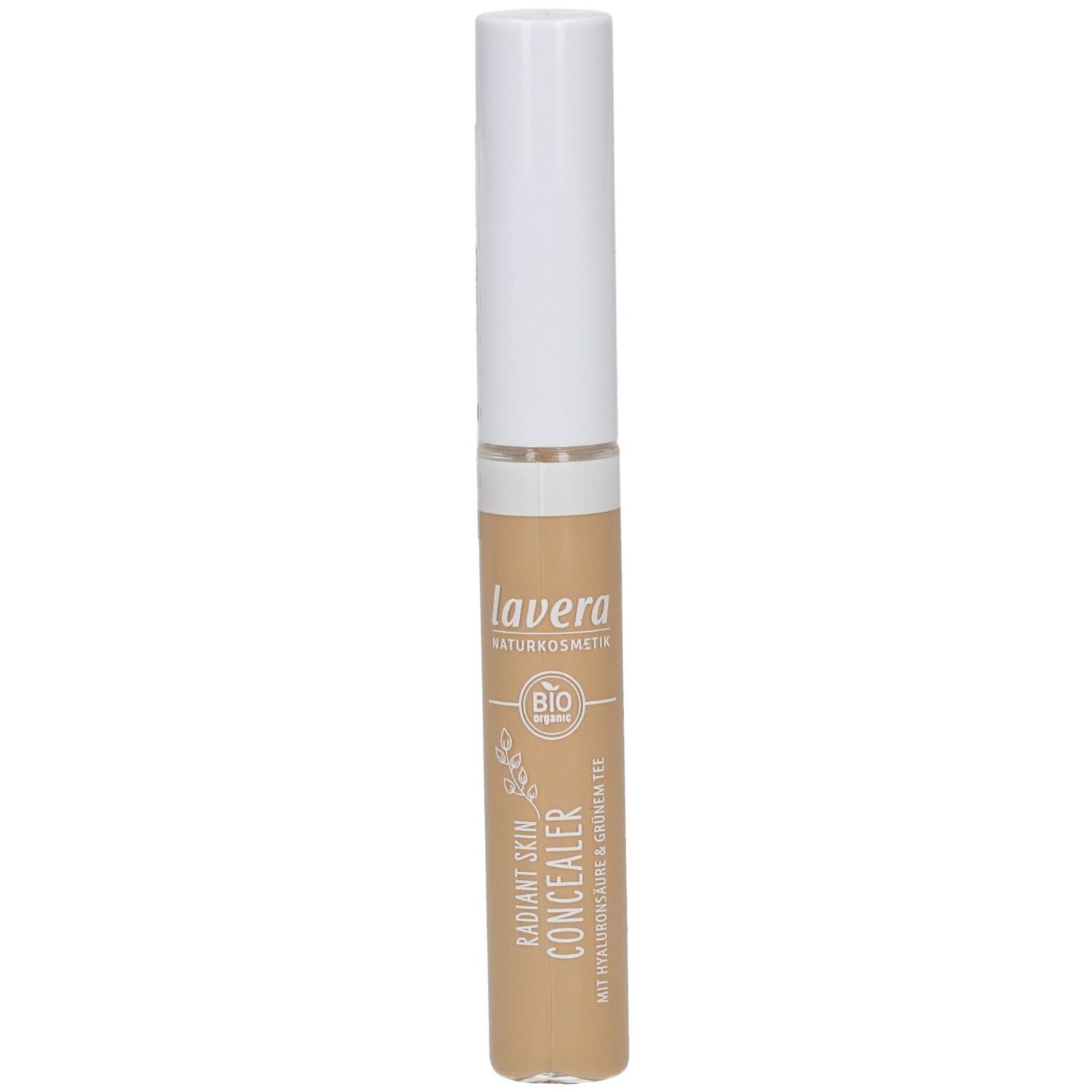Beige Concealer-Stift mit weißem Deckel. Aufschrift: LAVERA, Radiant Skin Concealer, Bio-Siegel.