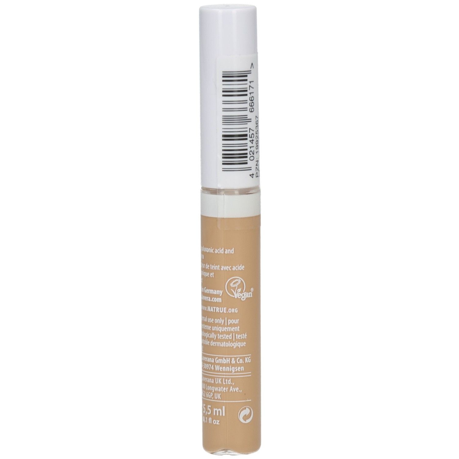 Beige Concealer-Stift mit weißem Deckel. Aufschrift: Vegan, 5,5 ml.